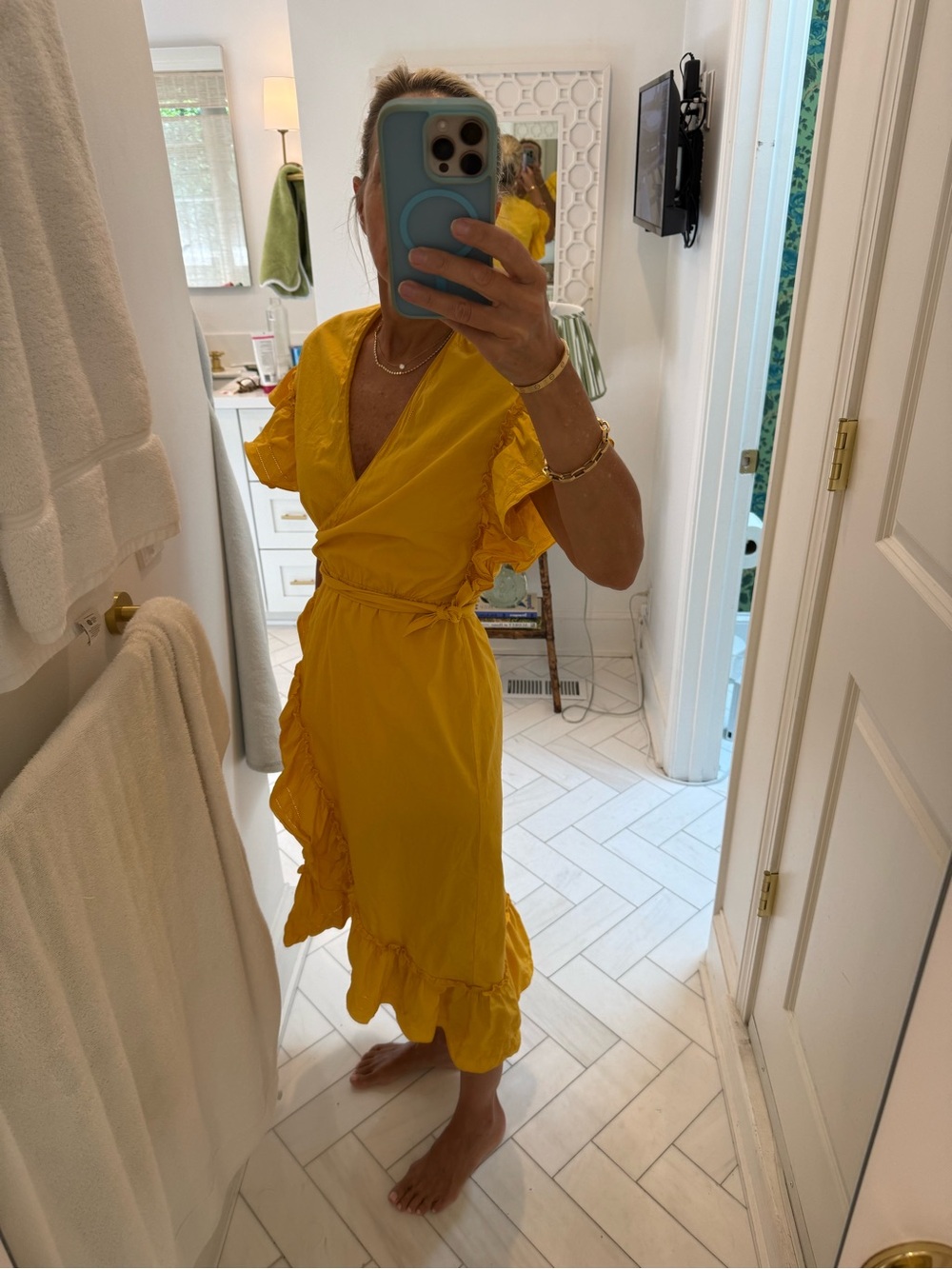 Saylor Yellow Ruffle Wrap Dress - Sleeved Midi Dress